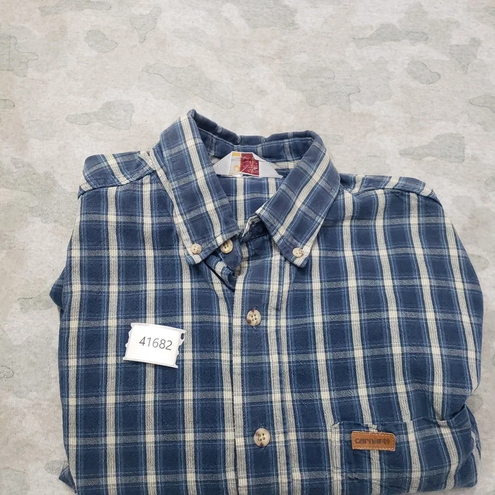 Vintage Carhartt Shirt‎ Mens Large Blue Pockets Long Sleeve Button-Up Workwear